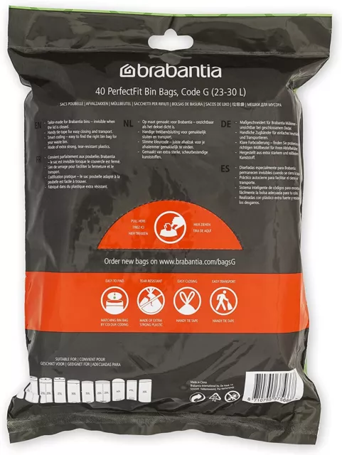 Brabantia Pack Of 40 Perfect FIT Bin Bags Liners Size G 23-30L Extra Strong UK 3