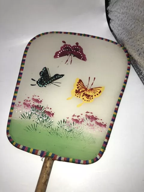 Vintage Chinese Handmade & Hand Painted Silk Butterfly Paddle Fan Bamboo Handle