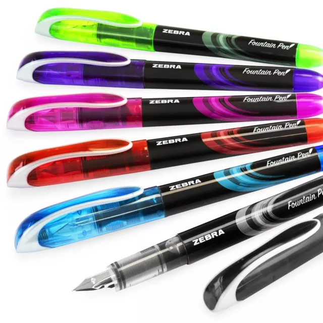 6 x Zebra Fuente Disposable Fountain Pen - Black/LightBlue/Red/Green/Pink/Violet