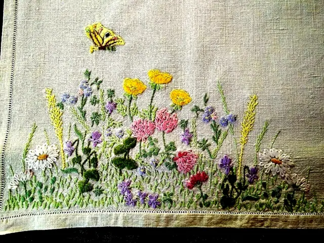 Exquisite 'Fairistytch' Wildflowers & Butterfly  Hand Embroidered Tray Mat