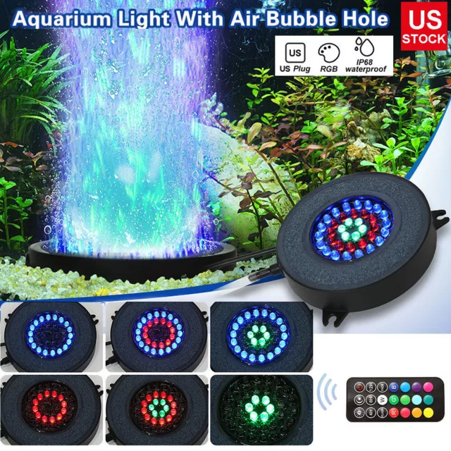 Aquarium Underwater Air Bubble LED Light RGB Submersible Lamp Remote Fish Tank