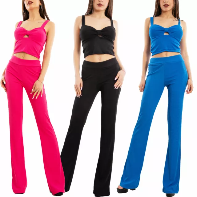 Completo donna costine aderente crop top pantaloni zampa flare TOOCOOL VI-8863