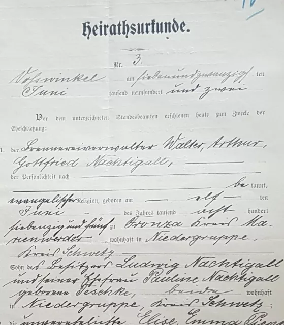 VOSSWINKEL Kr. GRAUDENZ.: Heirathsurkunde v. 27.6.1902/22.2.1913
