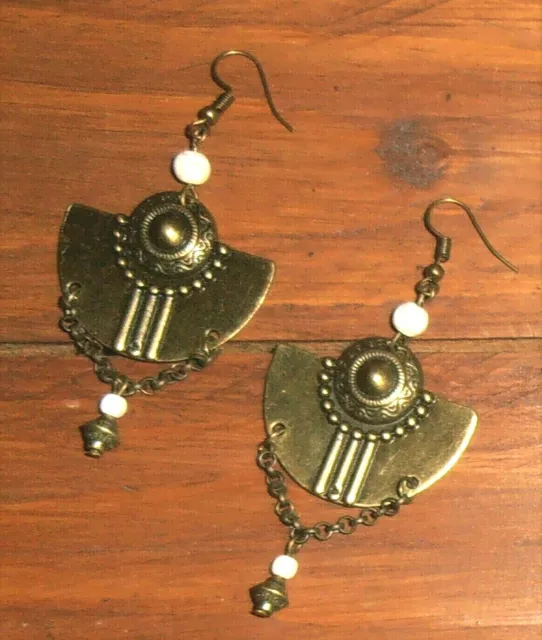 Handmade Boho Ethnic Hippie Retro White Beads Antique Bronze Dangle Earrings