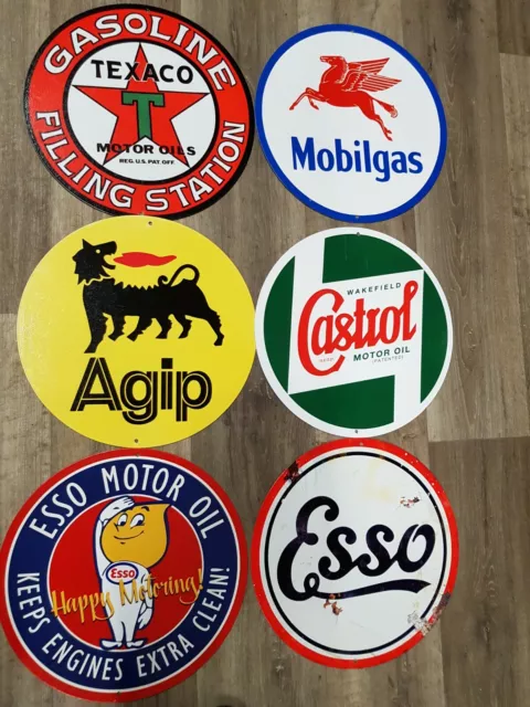 1 x Texaco/ Mobilgas/ Castrol/ Agip or Esso Oil 12" Round Metal Sign. Man cave