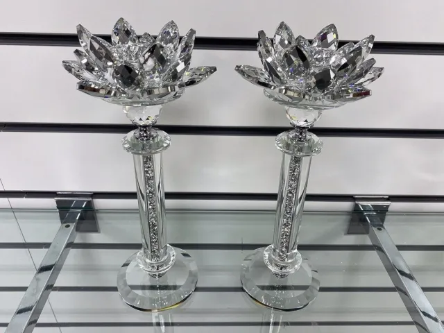Set Of 2 Crushed Diamond Glass Candle Holder Crystal Filled Silver Lotus Romany