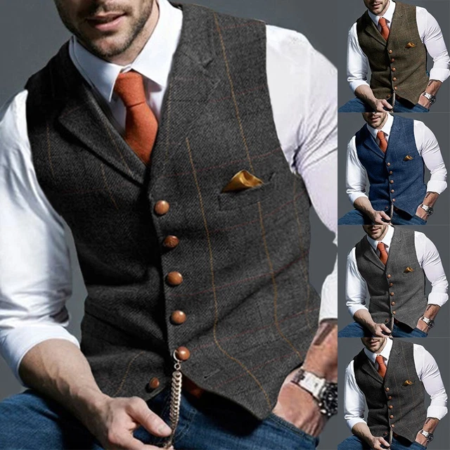 Gilet Uomo Tweed Gilet Verde Notch-Lapel Plaid-Vintage Vest-Herringbone, S-3XL