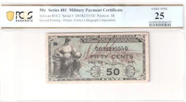 Military Payment Certificate 50c Series 481 PCGS 25 Very Fine Banknote