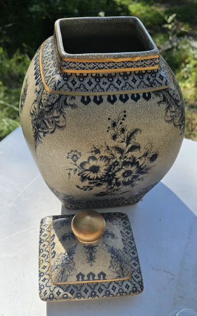 Antique Ginger Jar w/ Lid ~ Blue/Gray flowers and leaves W/ Crazing