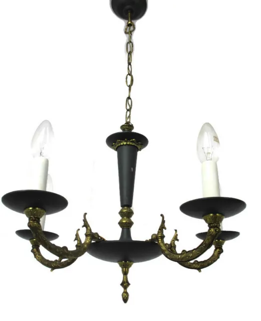 French Empire Chandelier Green Tole Brass 5 arms Hollywood Regency Toleware