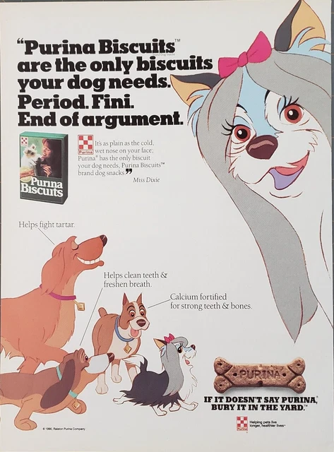 1990 Purina Biscuits For Dogs Miss Dixie Cat Pink Bow Print Ad