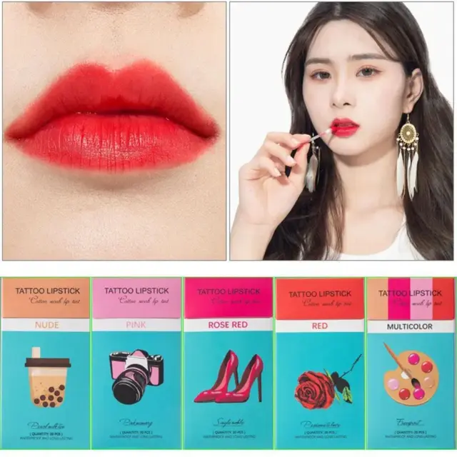 20 New Cotton Swab Disposable Lip Stain Tattoo Lipstick Set Waterproof Lip Gloss