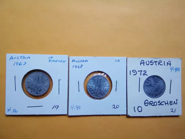 3 COINS  AUSTRIA 1967, 1968, 1972  10 Groschen    Nice  Circulated