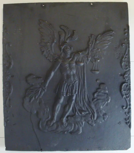 Antik Gusseisen Relief Ofenplatte Hl. Erzengel Gabriel Wandbild 59x50cm