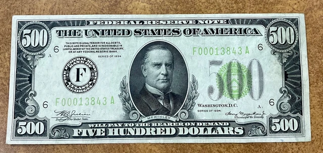 1934 $500 Dollar Bill - FRN  Low Serial Light Green Seal F Atlanta