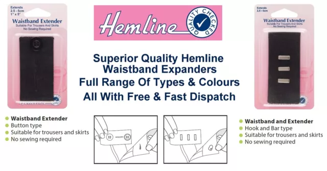 Hemline Waistband Extender Expander No Sew Hook & Bar Button Trouser All Colours