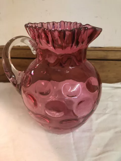 Large Antique Cranberry Glass Pitcher Coin Spot  Inverted Thumbprint Ruffled Rim