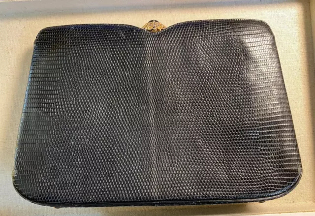 Vintage Signed ROSENFELD LIZARD SKIN Black Clutch Purse Handbag 50s 60s