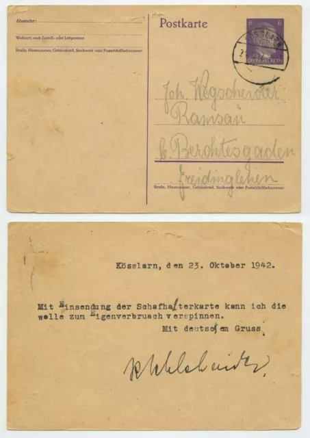 106763 - Ganzsache P 299 - Postkarte - Kösslarn 24.10.1942 nach Ramsau