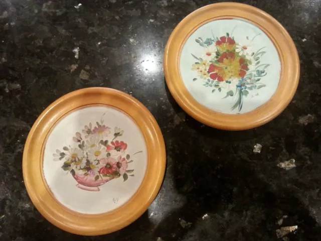 Pair Vintage Early 20th Century Hand Painted Wooden Wall Plaques