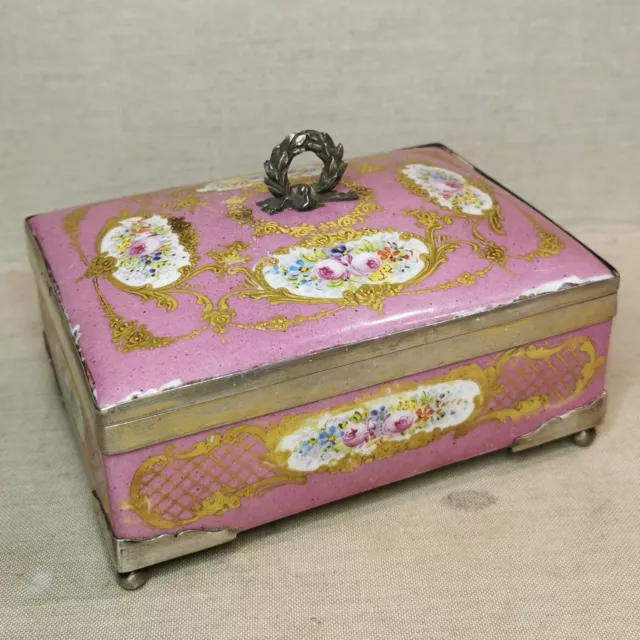 Antique French porcelain Sevres box with silver, 19th century.