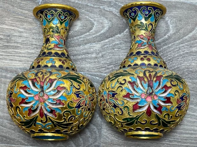 Paar Sammlerstück Klein Vergoldetes Antik Chinesisch Champlevé Cloisonné 2