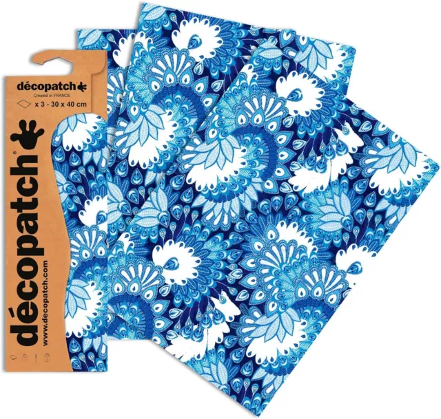 Decopatch Papier No. 579 blau weiß Pfauenfeder 395 x 298mm 3er Pack NEU OVP