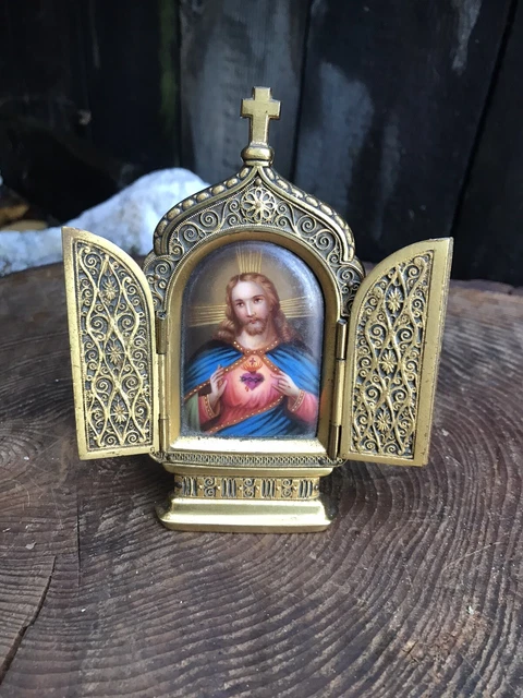 Antique GILT BRONZE & PAINTED JESUS PLAQUE triptych travelling icon grand tour