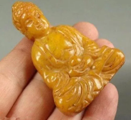 China Yellow Jade Handwork Carve Buddha Statue Necklace Pendant 2