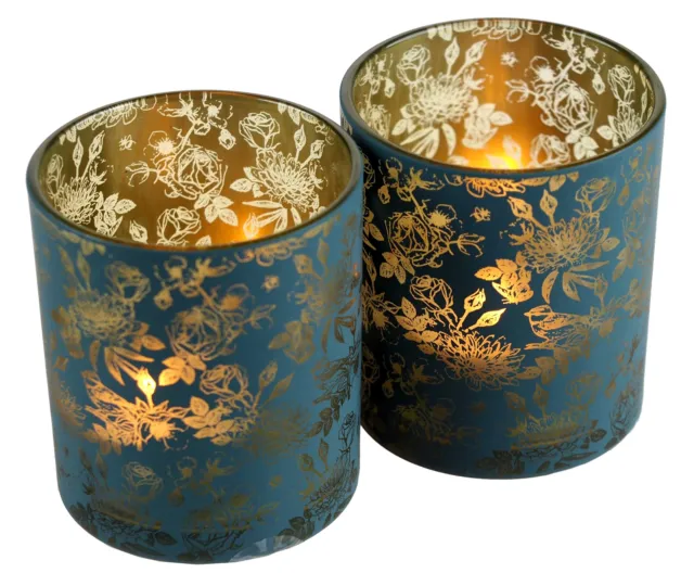 Ornate Floral Glass Votive Tea Light Candle Holders - Dark Teal Blue  - Set of 2