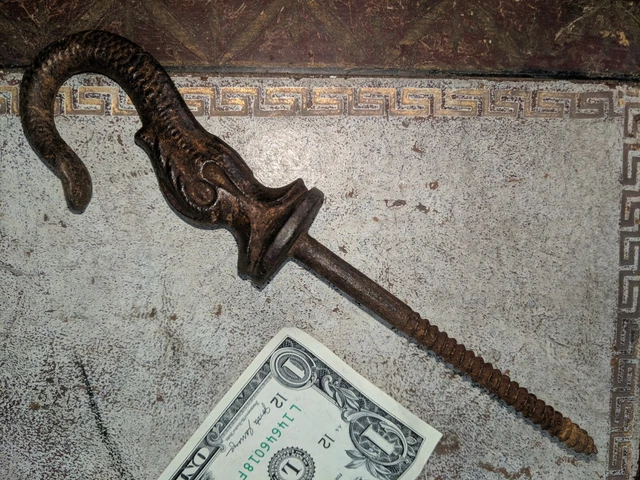 ANTIQUE VICTORIAN CAST IRON HERALDIC DOLPHIN CEILING HOOK 8" Total / 3 3/4" Hook