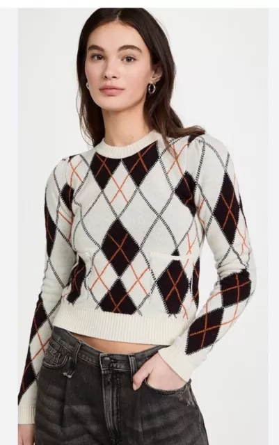 GANNI Ivory Multi argyle Print Wool Blend Harlequin Knit Sweater Size XS