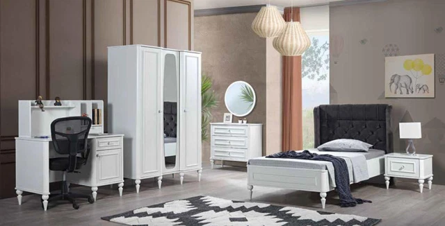 Chambre à Coucher Lit Table de Chevet Penderie Commode Mirroir Neuf Luxe Set