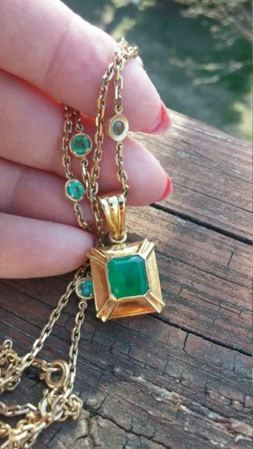 Colombian Green Emerald Square Pendant 18"Chain Necklace in 18K Yellow Gold Over