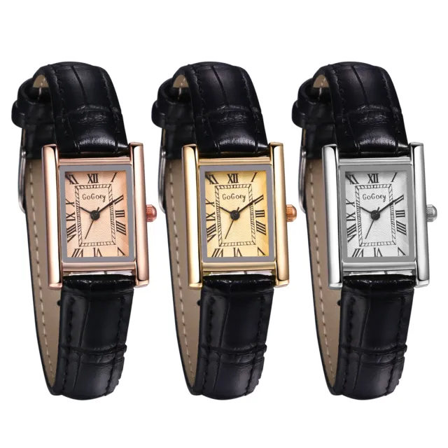 Women's Classic Rectangle Roman Numerals Dial Leather Strap Quartz Wrist Watch