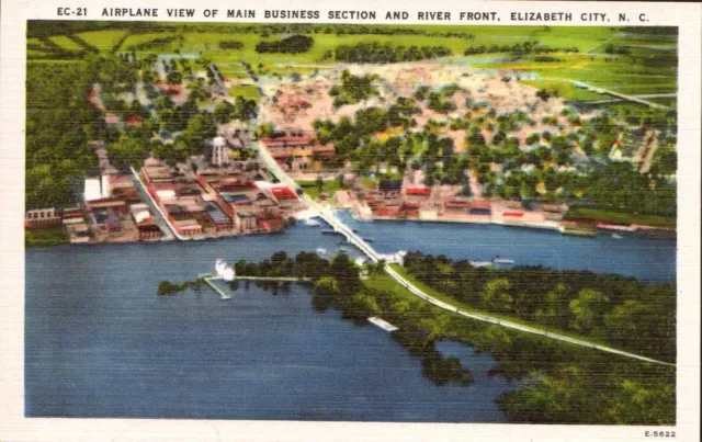 Linen Postcard Aerial View Elizabeth City North Carolina NC River front UNP