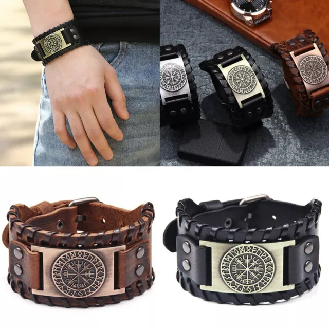Men's Norse Viking Vegvisir Rune Leather Cuff Wristband Bracelets Amulet Jewelry