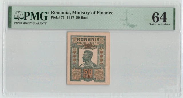 ROMANIA 50 Bani 1917, P-71 Ministry of Finance, PMG 64 Choice UNC, Well Centered
