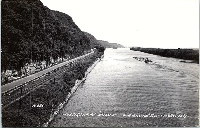 Real Photo, PRAIRIE du CHIEN, MISSISSIPPI RIVER, WISCONSIN, Railroad, Log Barge