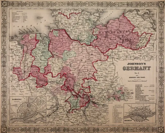 Authentic 1864 Johnson's Atlas Map ~ GERMAN #1 ~ FreeS&H    Inv#58