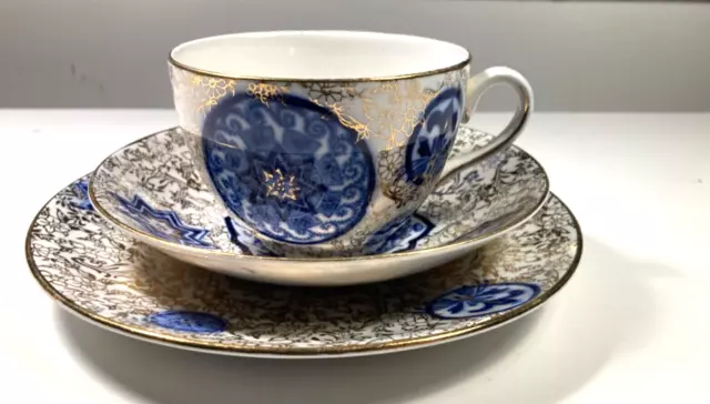 James Kent Longton Fenton Osaka Vintage White Blue Gold Tea Cup, Saucer  & plate