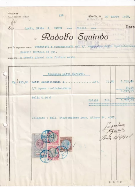 Fattura Biella Ditta Rodolfo Squindo 1928 QX2886