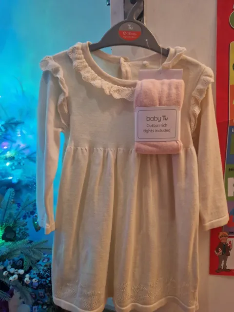 NEW TU Girls Cream Jumper dress & Tights Outfit Size 12-18 Months