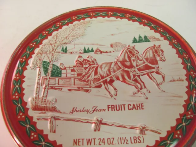 Shirley Jean Fruit Cake Christmas Round Tin Red White Horse Sleigh Embossed 8” 3