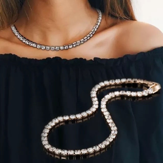 Gold Plated Cubic Crystal Choker Necklace Tennis Chain Jewellery Vintage O::UK