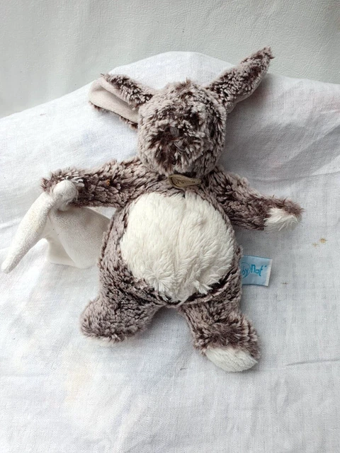 doudou peluche lapin Les Flocons blanc marron chiné + mouchoir BABY NAT'