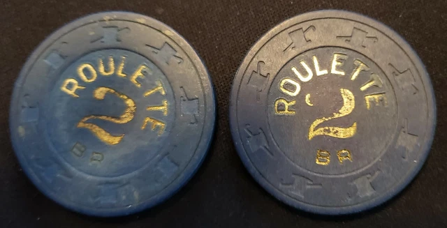 Roulette BR Vintage Casino Chip $2 Blue Unknown Illegal Club Poker Lot of 2