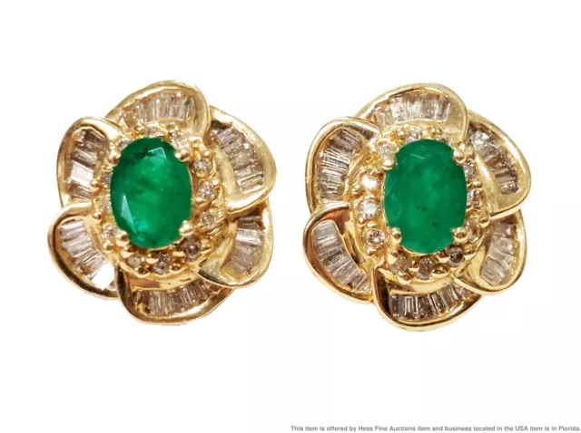 1.50ctw Natural Emerald 1.50ctw Diamond 14k Gold Vintage Omega Back Earrings