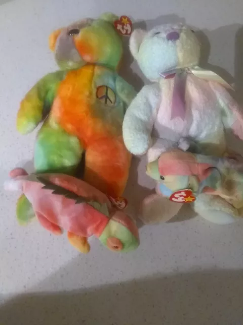 TY lot BEANIE BABY BUDDY BEAR Sammy tie dye colorful PEACE 1999 GROOVY Iggy tag