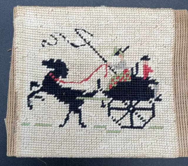 "Caballo y carruaje de punto de cruz completos de colección negro sobre lino viejo NO enmarcado 5 x 4"